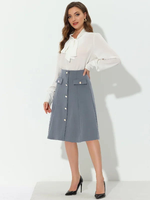 Button Front Work A-Line Formal Knee Length Skirt pleated skirt texture