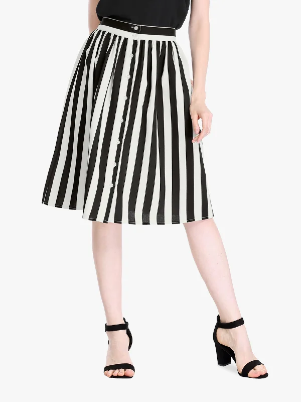 Striped Button Front Elastic Back Waist A-Line Midi Skirt cotton skirt soft