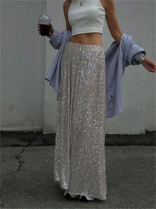 Sequin High Waist Solid Color Long Skirt BSQ0017 silk skirt smooth