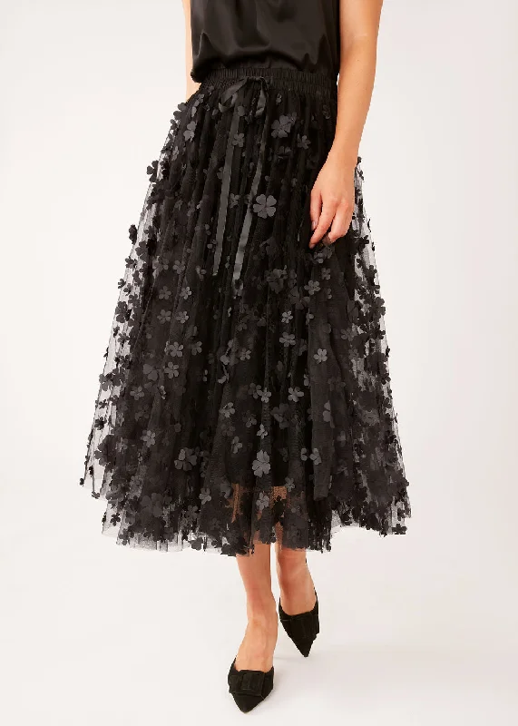 Sue Skirt Black Floral Applique Tulle flowy skirt hem