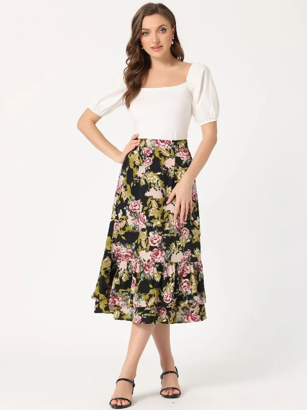 Printed Chiffon Elastic Waist Ruffle Tiered Flowy Midi Skirt corduroy skirt textured