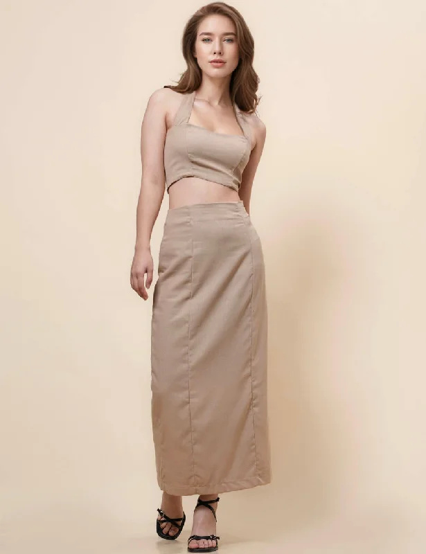 String Tie Halter Bandeau Midi Split Skirt Set 2TZ2192 modal blend skirt