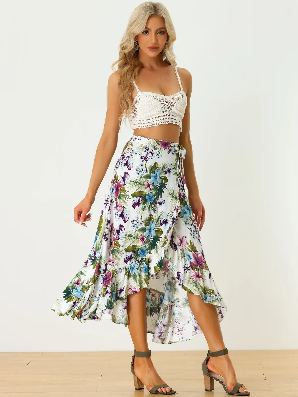 Women's Tropical Floral Print Ruffle Self Tie Knot Split Beach Wrap Midi Skirt wrap skirt elegant