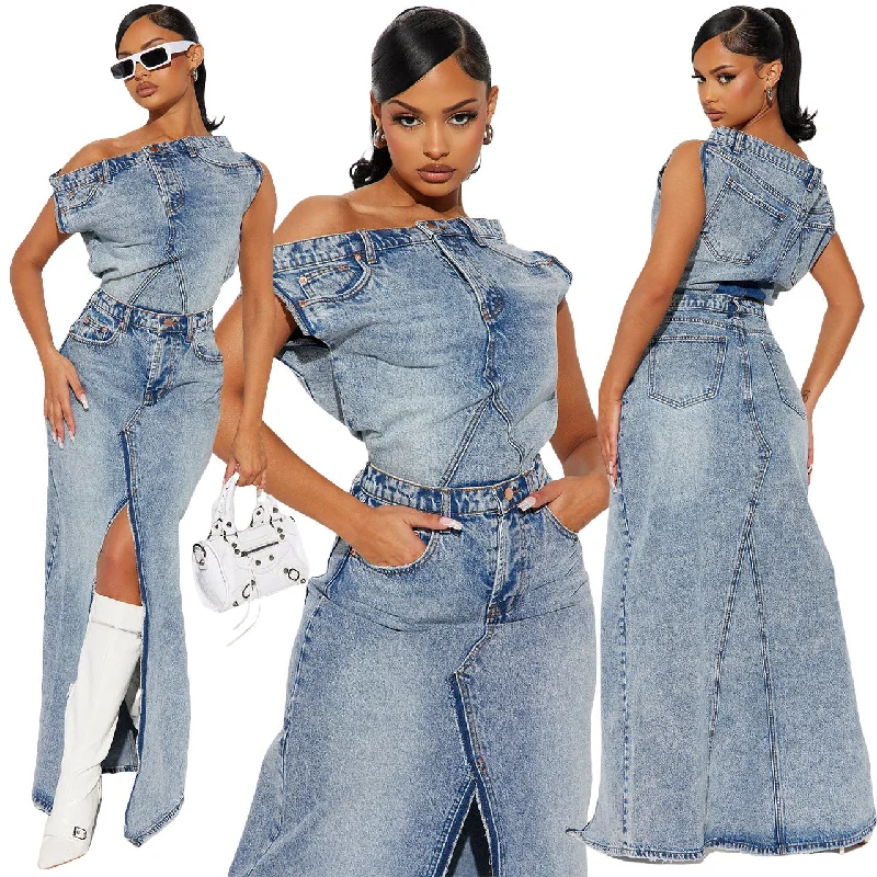 Off-the-Shoulder Vintage Denim Skirt Suit Two-Piece Set（CL11896） denim skirt classic