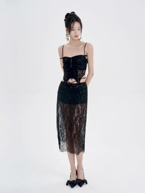 Black Lace Camisole + Low Waist Lace Half Skirt Set【s0000008780】 midi skirt versatile