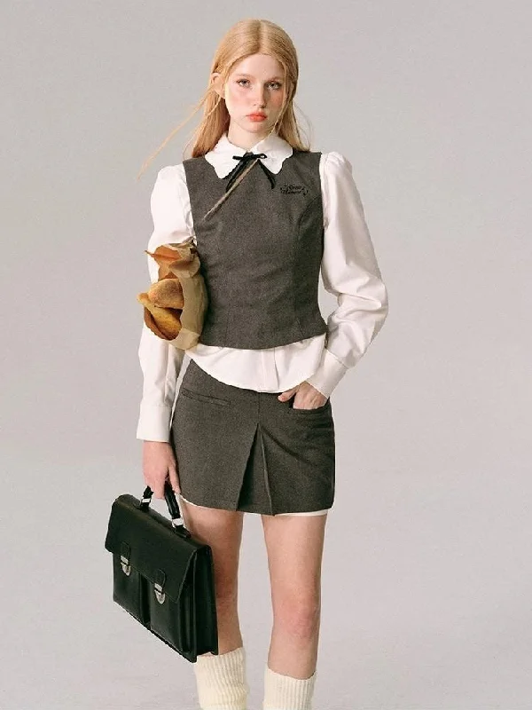 College style two-piece waisted vest half-skirt set【s0000006492】 leather skirt sleek