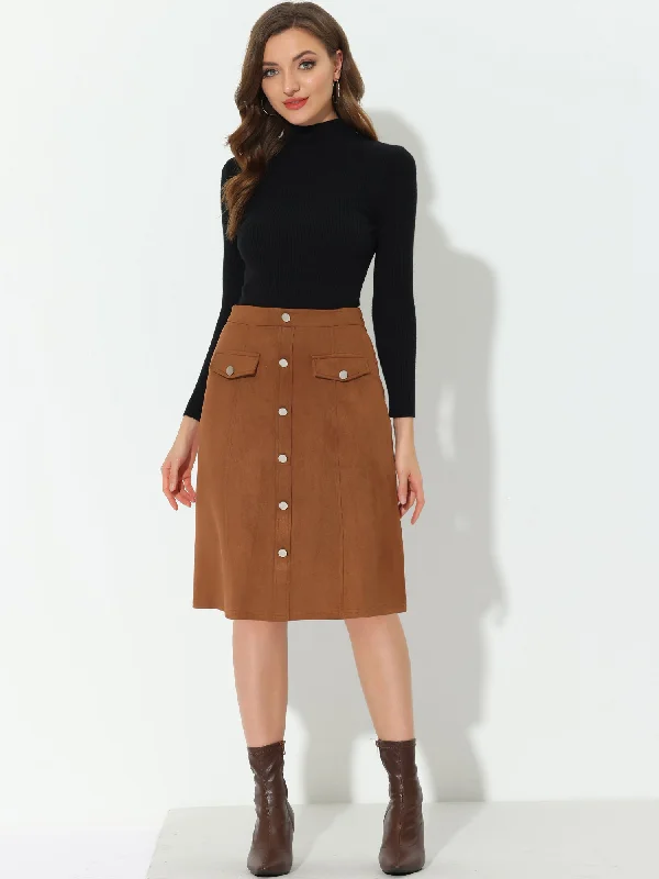 High Waist Faux Suede Knee Length A-Line Skirt zip skirt side