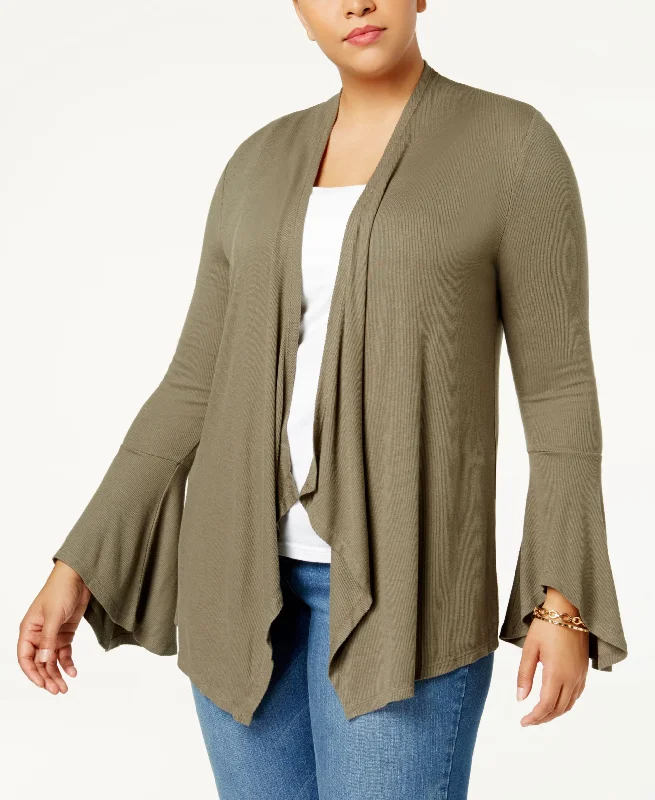 Plus Size Ribbed Bell Sleeve Cardigan Cable Knit Ribbed Knit Lace Knit