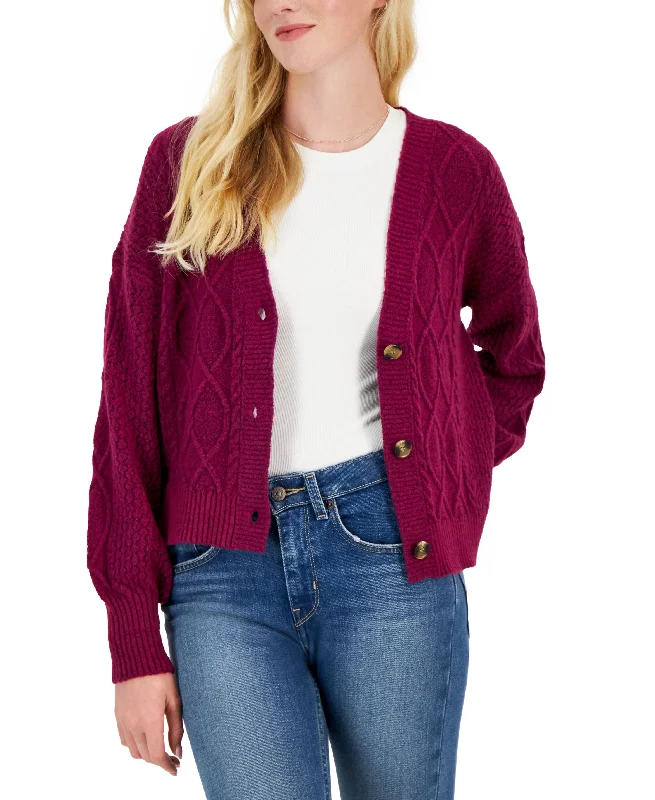 Juniors' Cable-Knit Cardigan Sweater Satin Blend Silk Blend Wool Blend