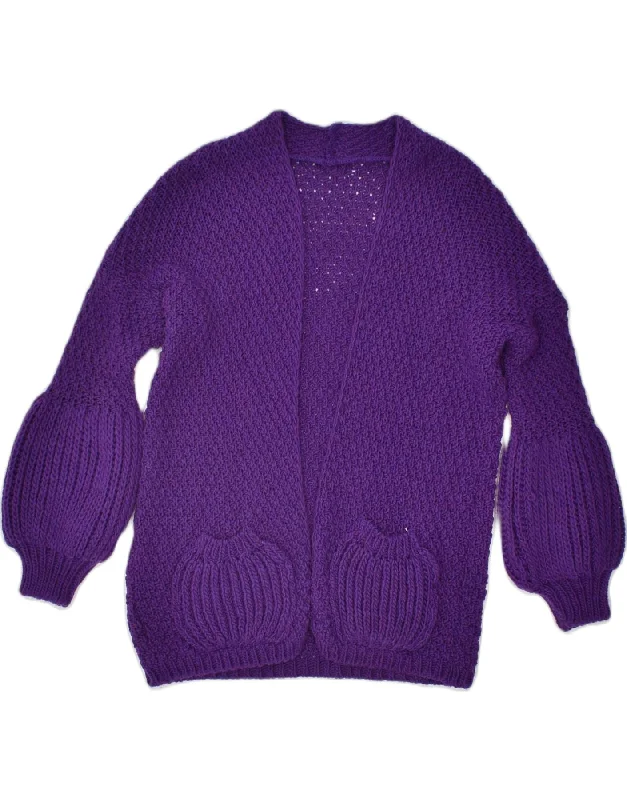 VINTAGE Womens Cardigan Sweater UK 14 Medium Purple Acrylic Handmade Hand-knitted Hand-woven