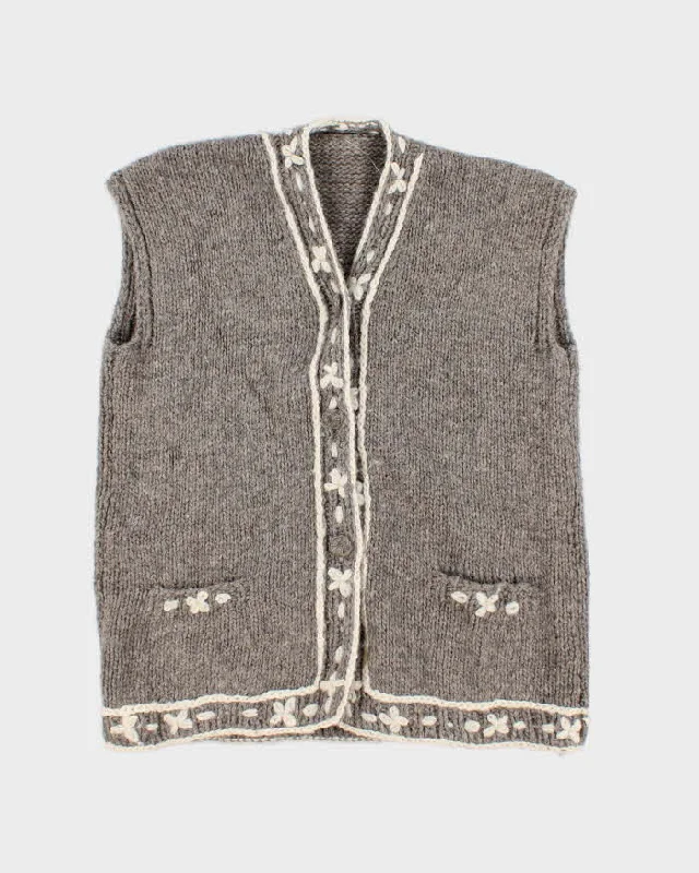 Vintage Handmade Knitted Cardigan Vest - L Striped Floral Plaid