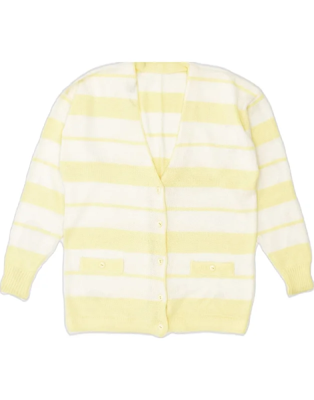 VINTAGE Womens Cardigan Sweater UK 18 XL Yellow Striped Classic Neon metallic Matte