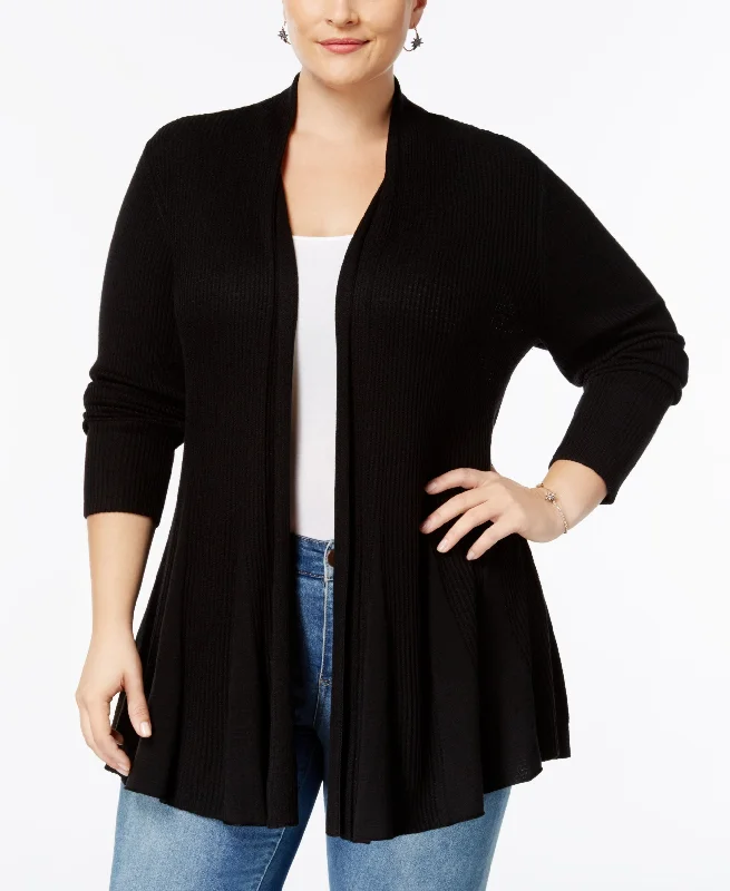 Plus Size Ribbed Knit Swing Cardigan Toggled Drawstring Belted