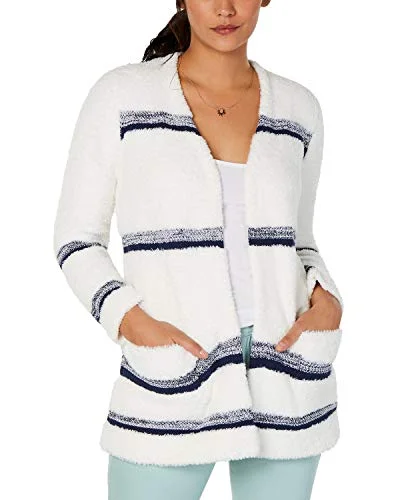 Striped Open-Front Cardigan Mesh Fabric Canvas Fabric Denim Fabric