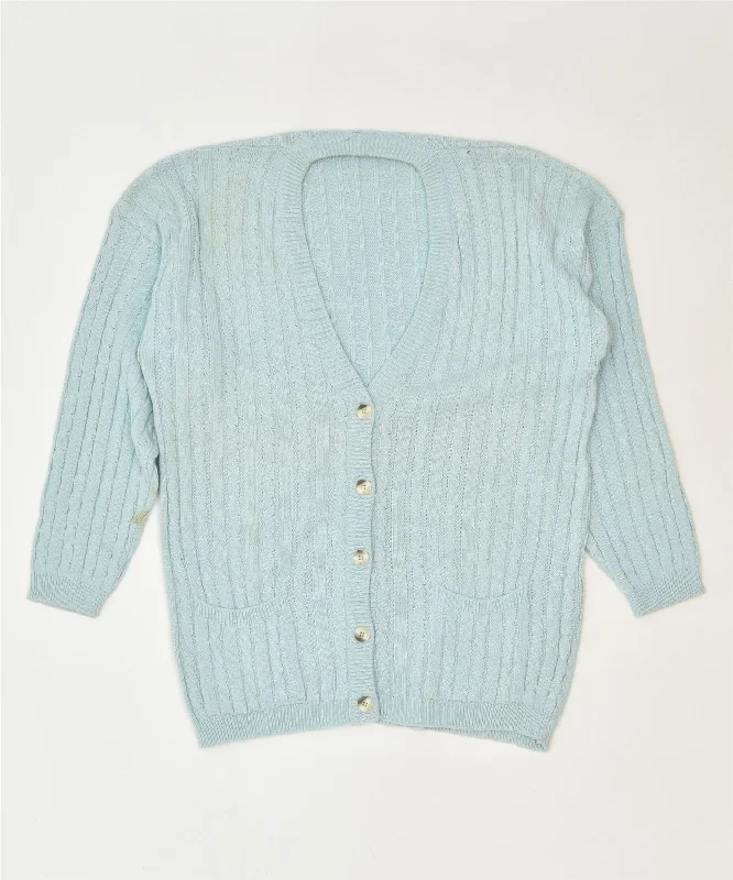 VINTAGE Womens Cardigan Sweater UK 16 Large Blue Cotton Classic Thin Thick Dense