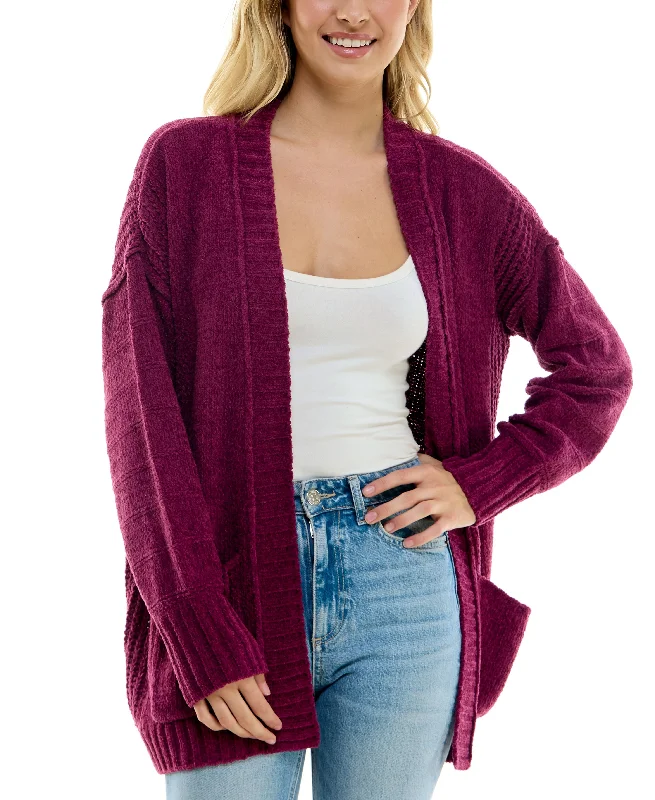 Juniors' Chenille Open-Front Patch-Pocket Cardigan Lace Blend Ribbed Blend Corduroy Blend