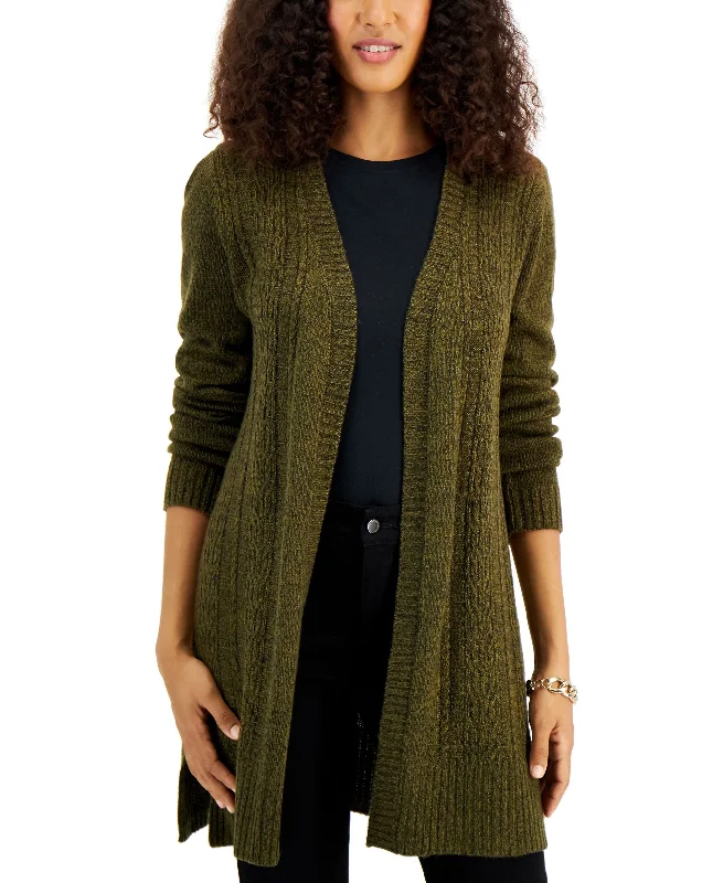 Karen Scott Open-Front Side-Slit Cardigan Hooded Cardigan Collared Cardigan Shawl Collar