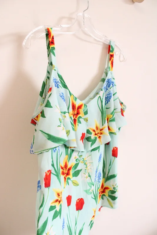 7th Avenue New York & Company Mint Green Floral Ruffled Tank Top | XL basic tank top