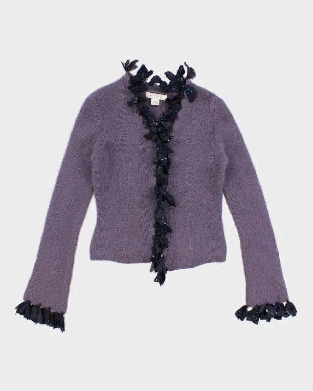 Womens Lavender Angora Lambswool Blend Cardigan - XS Notch Collar Peter Pan Collar Cowl Neck