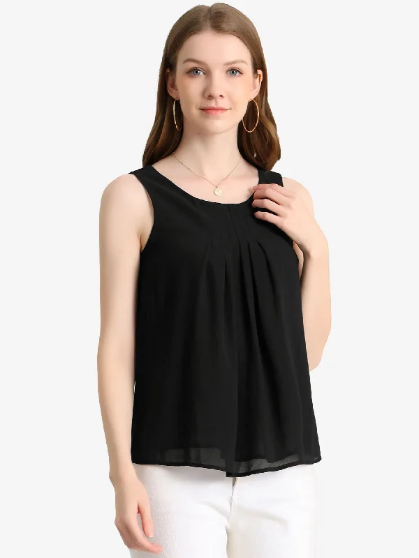 Tank Top Sleeveless Layering Pleated Front Lined Chiffon Blouse activewear tank top