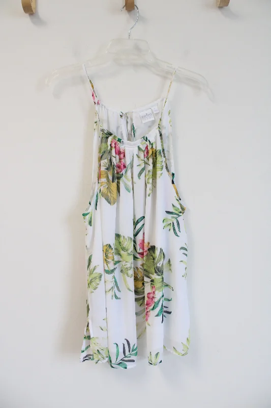 Soho New York & Company White Tropical Floral Halter Neck Flowy Tank Top | XL v-neck tank top