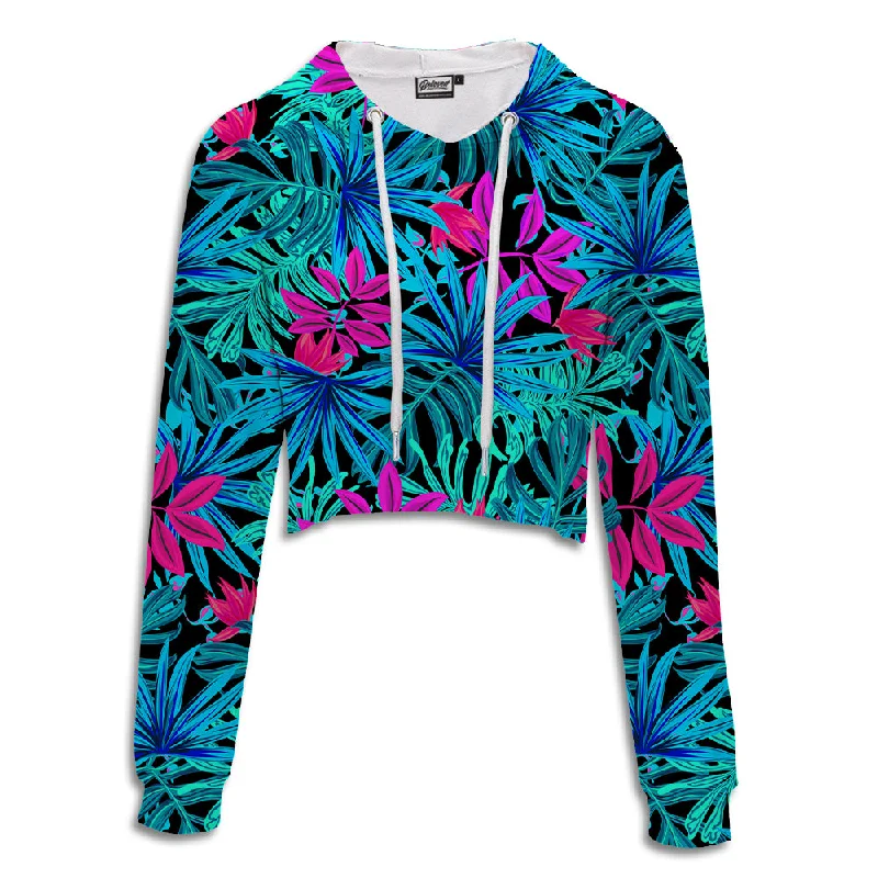 Tropical Leaves Crop Hoodie Hoodie with Hem Elastic Stretchable Comfortable