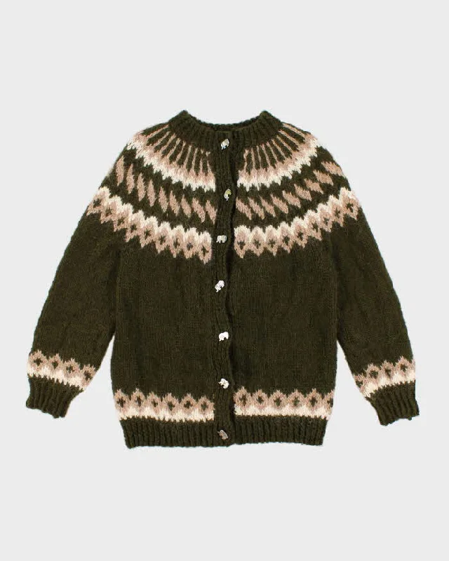 Vintage Handmade Fair Isle Cardigan - M Herringbone Houndstooth Plaid