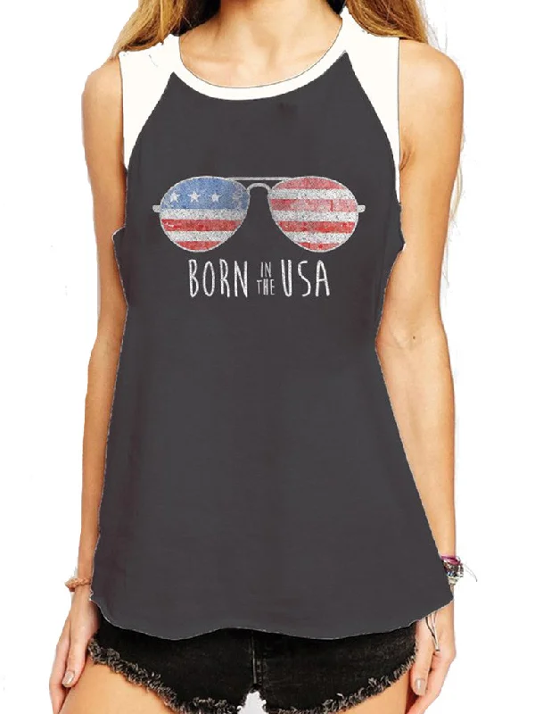 4th & Rose Born In The USA Charcoal & White Raglan Muscle Tank grey tank top