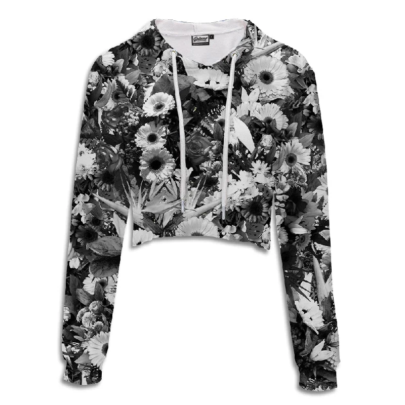 B&W Flowers Crop Hoodie Hoodie with Front Slit Layering Stylish