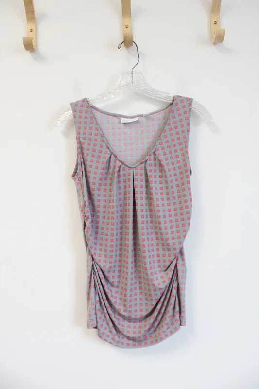 New York & Company Stretch Gray Pink Square Patterned Ruched Tank Top | S halter tank top