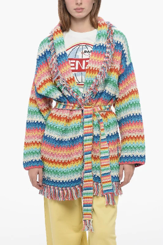 Alanui Knitted RAINBOW Cardigan with Frindge Detailing Xs Standard size Print Jacquard Patchwork