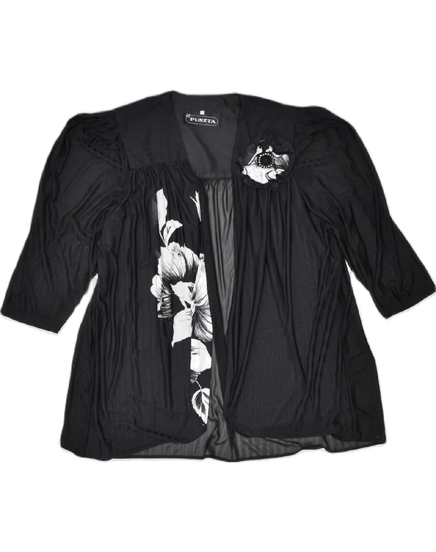 VINTAGE Womens See Through 3/4 Sleeve Cardigan Top EU 46 XL Black Floral Silk Blend Satin Velvet