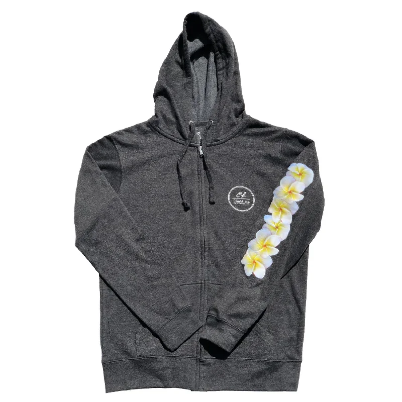 Women's Plumeria Zip Hoodie (Charcoal Heather) Hoodie with Mock Neck Collared Structured