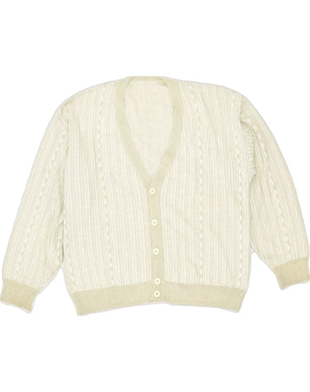 VINTAGE Womens Cardigan Sweater UK 22 3XL Beige Striped Acrylic Satin Blend Silk Blend Wool Blend