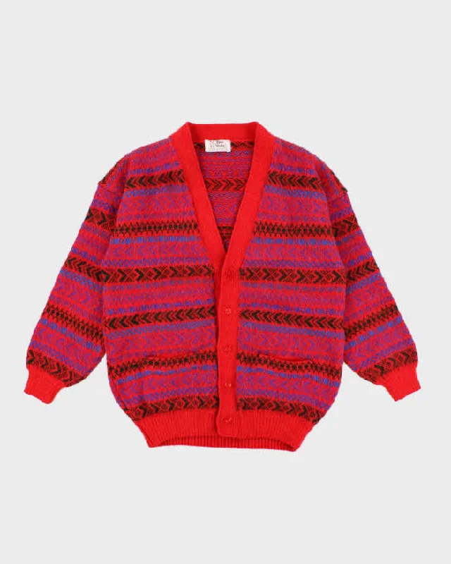 Vintage Women's Red Patterned Knit Cardigan - L Collared Crew Neck Turtle Neck