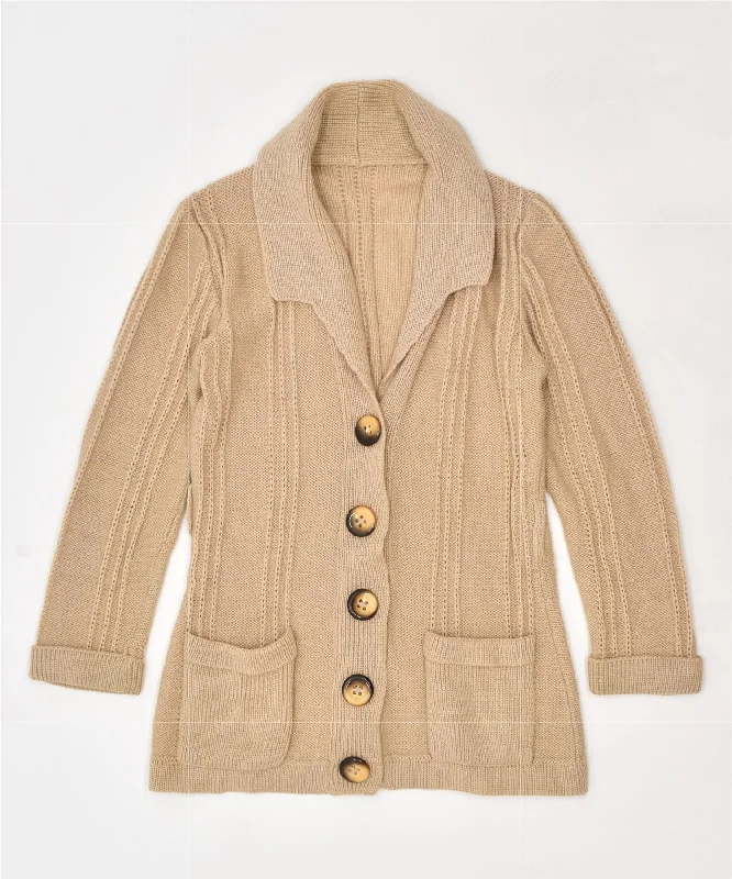 VINTAGE Womens Cardigan Sweater UK 8 Small Beige Hooded Cardigan Collared Cardigan Shawl Collar