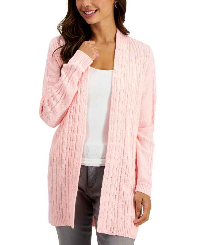 Karen Scott Cotton Cable Knit Open Cardigan Iron Safe Non-Iron Wrinkle Free