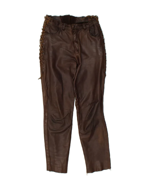 VINTAGE Womens Leather Slim Trousers W28 L26 Brown Leather Trousers Tapered Slim Fit