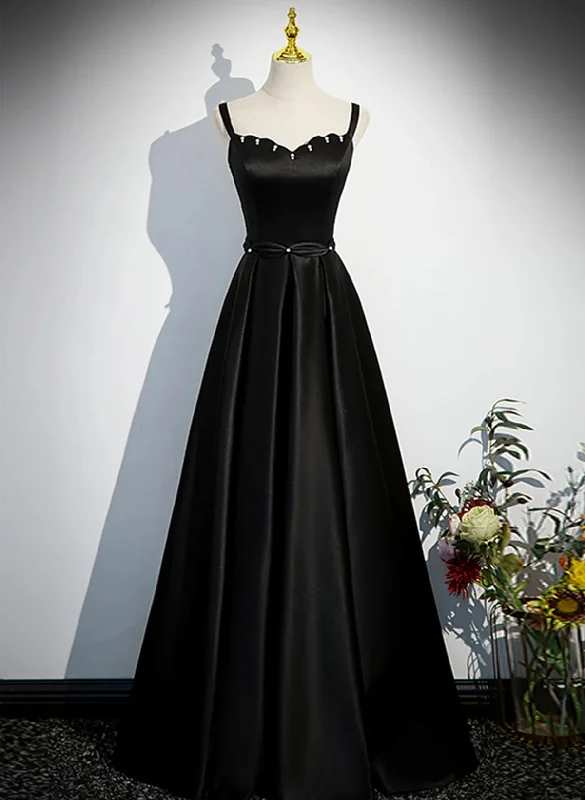 A-line Black Straps Beaded Satin Long Party Dress, Black Prom Dress Tunics Party sparkling