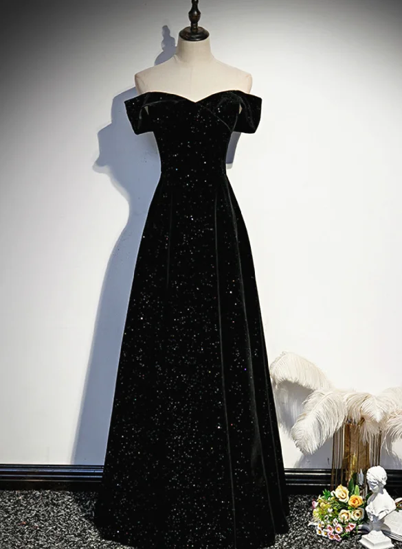 A-line Black Sweetheart Off Shoulder Long Velvet Prom Dress, Black Evening Dress Tunics Versatile stylish