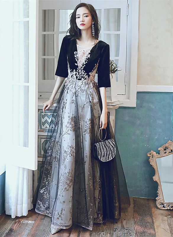 A-line Black Tulle and Velvet Long Party Dress, Black Prom Dress with Lace Applique Tunics Long Elegant