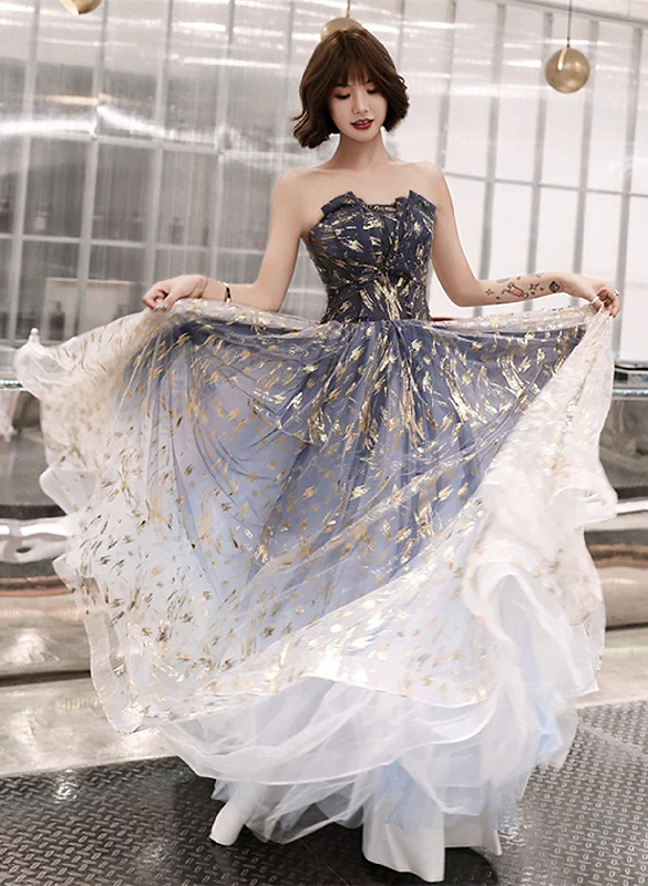 A-line Blue Tulle Long Party Dress with Lace-up, Blue Evening Dress Prom Dress Halter Neckline Beach