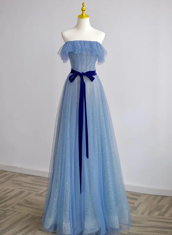 A-line Blue Tulle Scoop Long Formal Dress with Belt, Blue Long Evening Dress Prom Dress Chiffon Maxi Beach