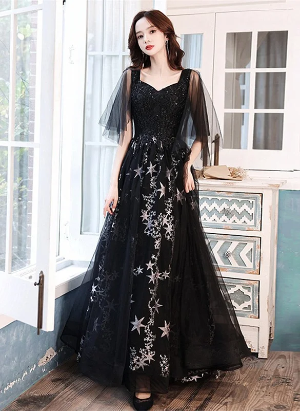 A-line Chic Black Tulle Beaded Long Evening Dress, Black Long Formal Dress Sequined Elegant Party