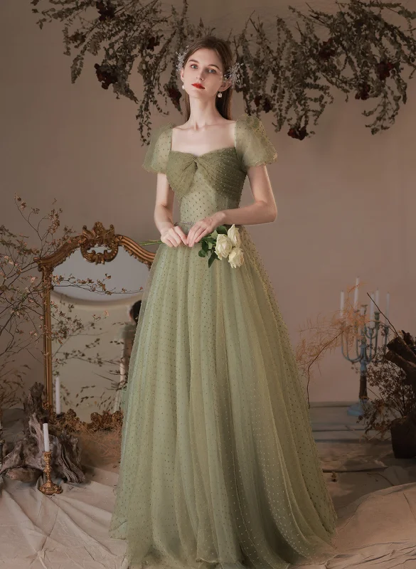 A-line Green Off Shoulder Tulle Long Party Dress, Green Simple Floor Length Prom Dress Turtleneck Warm Winter