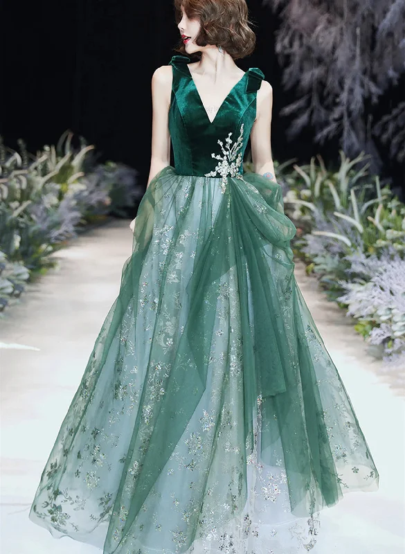 A-line Green Tulle and Velvet Long Formal Dress, Green Tulle Party Dress Prom Dress Tunics Sophisticated sleek