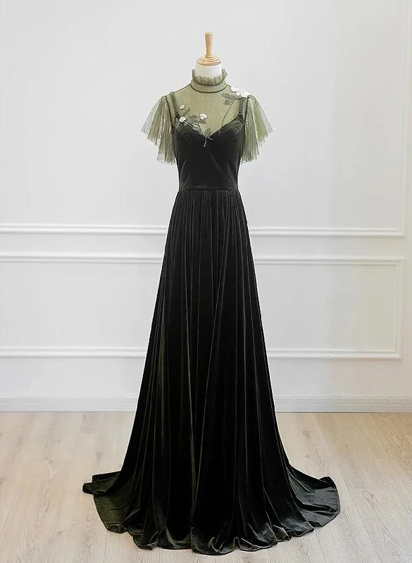 A-line Green Velvet High Neckline Long Party Dress, Green Velvet Prom Dress Boat Neckline Classic