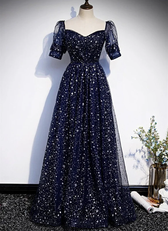 A-line Navy Blue Tulle Simple Prom Dress, Navy Blue Tulle Evening Dress Tunics Luxurious high-end