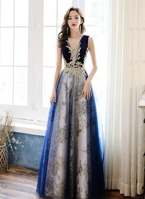 A-line Navy Blue Tulle with Lace Long Party Dress, Navy Blue Floor Length Prom Dress Pencil Length Work