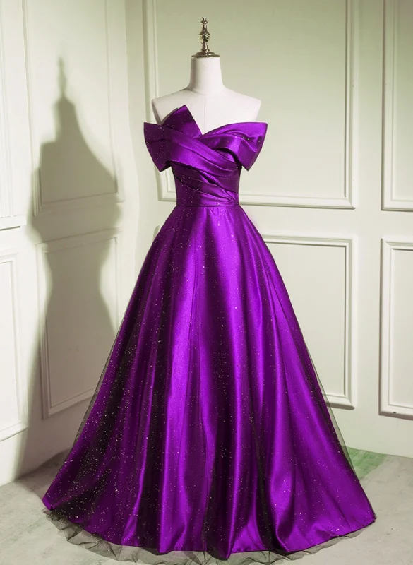 A-line Off Shouolder Black and Purple Satin Party Dress, Long Prom Dress Tunics Designer luxury